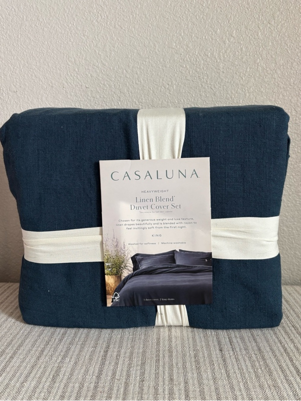 NWT King Heavyweight Linen Blend Duvet Cover and Sham Set Dark Mineral Blue